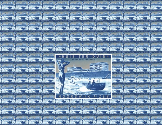 Kofferaufkleber-Noordwijk-a-Zee-Grand-Hotel-Kurhaus-Huis-Ter-Duin-Gebaeudeansicht-und-Strandpartie