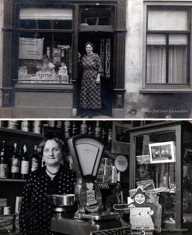 Tante Neeltje Uljee voor haar kruidenierswinkeltje in Noordwijk